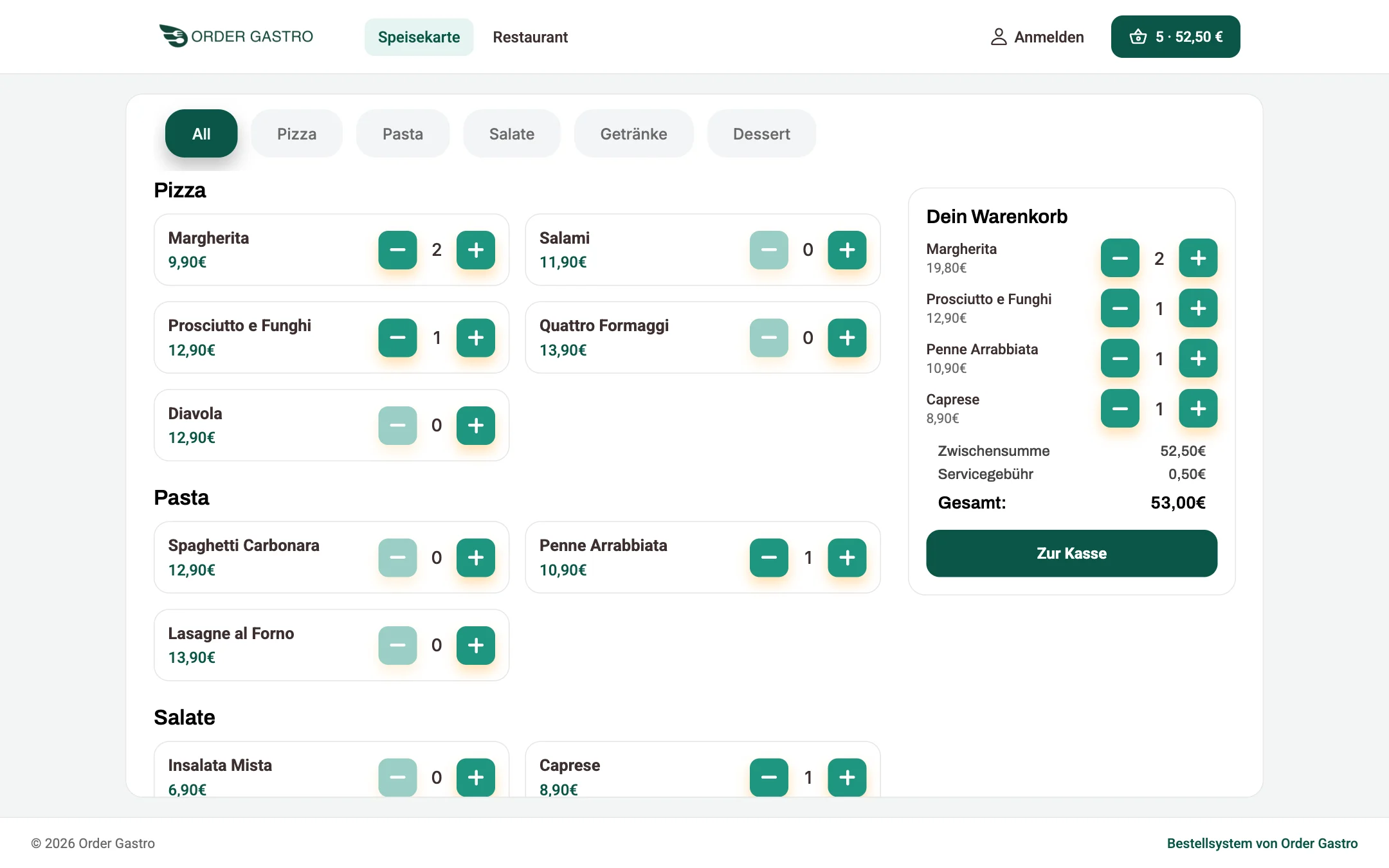 Web-Shop mit Speisekarte und Warenkorb
